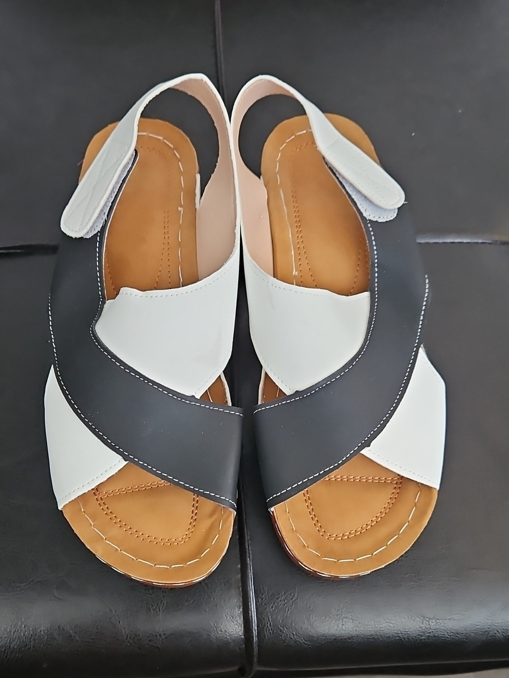 Women's Black & White Leather Slingback Sandals With Velcro Fastner